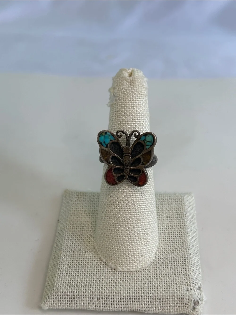 Vintage Sterling Silver Multi Stone Inlay Butterfly Ring Size 7 Adjustable